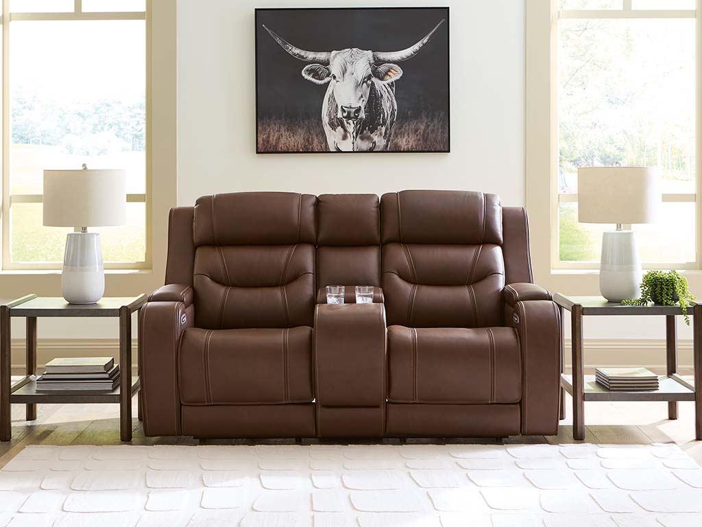 Knightington Dark Brown Leather Power Reclining Console Loveseat